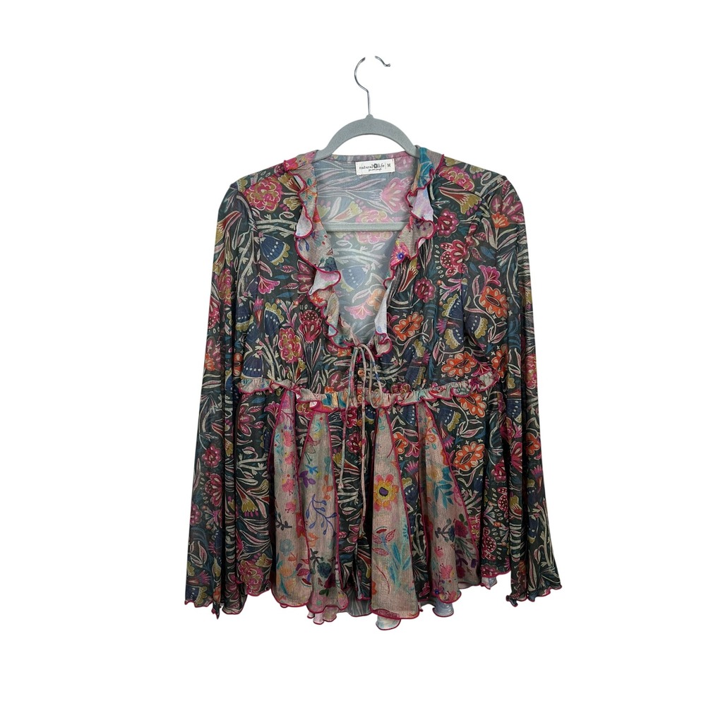 Natural Life Mesh Top Women Medium Multi-Color Excellent Boho Ruffle Tie-Front